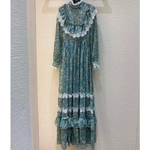 2021 runway spring women printed long sleeve lace patchwork maxi dresses female slim cake dress vestido feminino y398