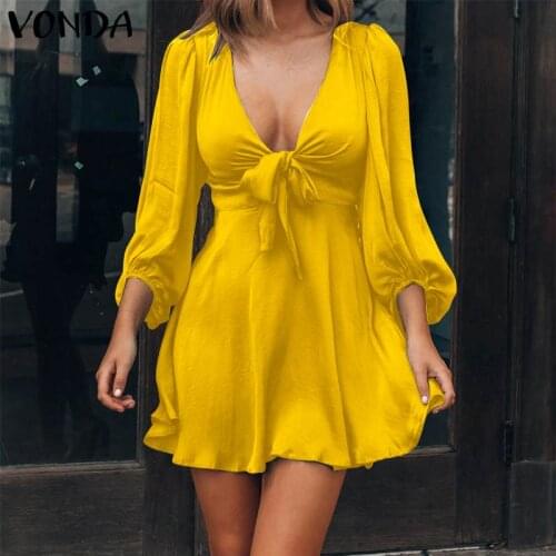 Women Mini Dress VONDA 2021 Summer Sexy Deep V Neck Solid Dresses Bohemian Vestidos Oversized Casual 3/4 Sleeve Pleated Robe