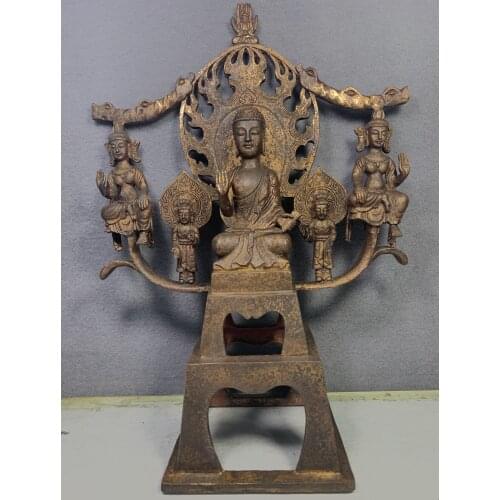 15"Tibet temple Old Bronze Cinnabar Lacquer Northern Wei Buddha Shakyamuni Buddha Statue Left and right guardian Enshrine