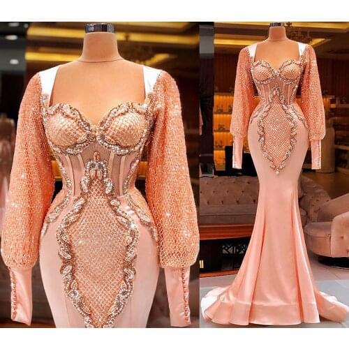 2021 Plus Size Arabic Aso Ebi Luxurious Mermaid Sexy Prom Dresses Lace Beaded Long Sleeves Evening Formal Party Second Reception