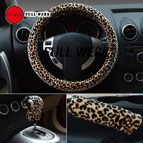 1 Set Leopard 38cm Steering Cover Short Plush Steering Wheel Cover Gear Shift Protector Handbrake Wrap for Girls Car Decoration