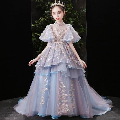 Children Girls High Quality Exquisite Flowers Evening Party Model Show Catwalk Princess Long Tail Dress Kids Birthday Host Dress