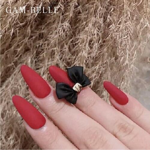 GAM-BELLE 24Pcs Matte Red False Nails With 3D Black Bow Full Cover Artificial Nail Art Tips Press On Nails DIY Manicure Tool