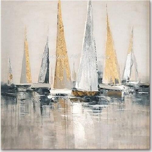 Mintura Wall Picture for Living Room Oil Paintings on Canva Hand Painted Abstract Sailing Ships on The Sea Hotel Decor No Framed