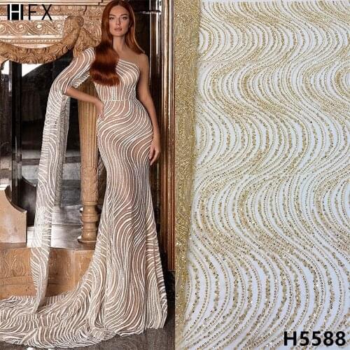 HFX Handmade Beaded Embroidered african Lace Fabric Sequins french 2021 high quality Heavy For Wedding And Party dress H5588