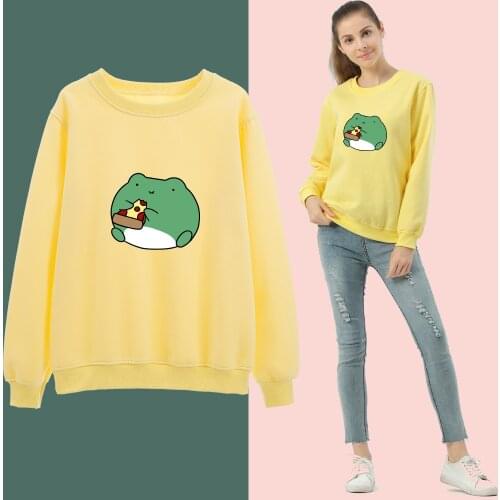 Kawaii Oversized Frog Sweatshirts Women Cotton Thermal Hoodies for Girls 90s Aesthetic Drop Shoulder Clothes Vintage Soft Jacket