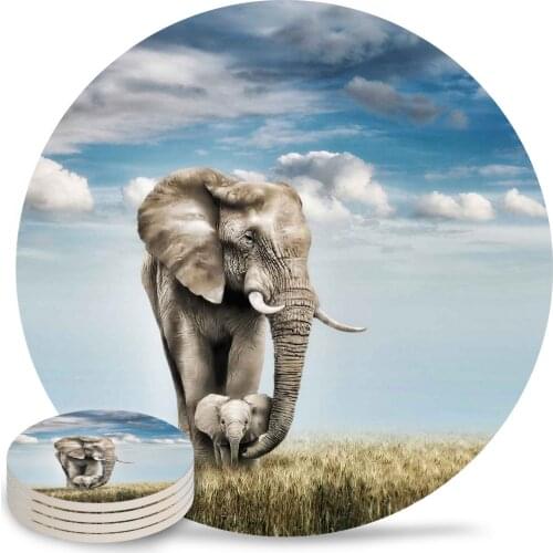 Animal Elephant Grassland Ceramic Coasters Waterproof Tea Cup Mat Christmas Home Decor Coasters for Glasses