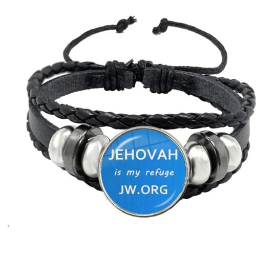 Jehovah Is My Refuge JW.ORG Bracelet Black Button Punk Leather Bracelet 18mm Glass Cabochon Jewelry Catholicism Gift