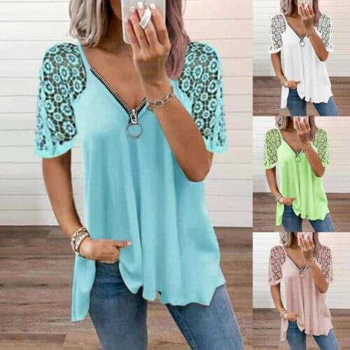 Lace Patchwork Short Sleeve Shirt Women Summer Sexy Zipper V Neck Casual Elegant T Shirt Fashion Plus Size Solid Loose Top Tees