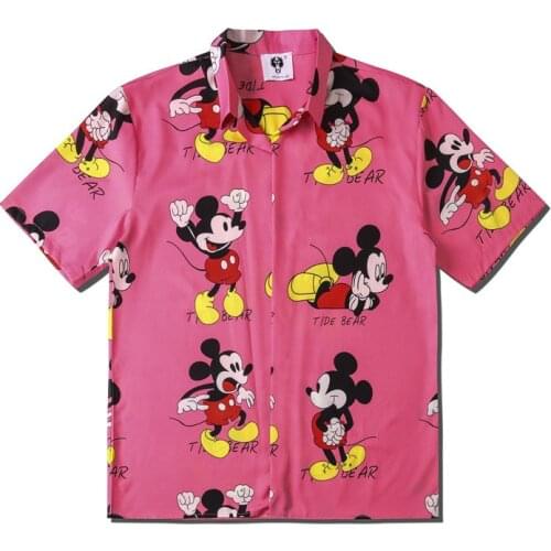 Disney Mickey Mouse Donald Duck Printed Loose Lapel Short Sleeve Shirt Women Men and Women Same Couple Clothing