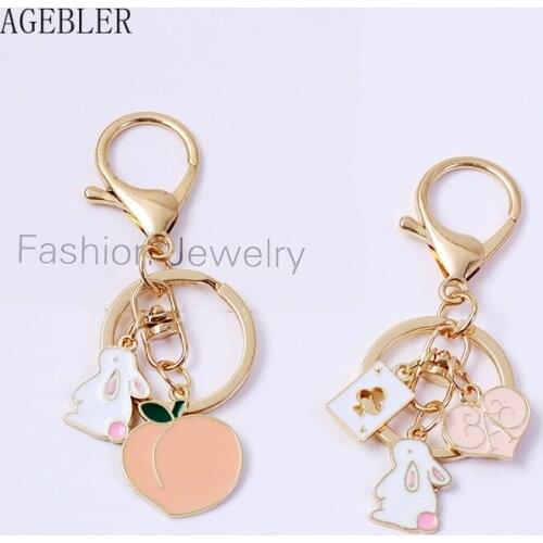 Cartoon Kawaii Pink Peach Bunny Keychain Car Bag Diy Keyring Charm Airpods Pendant Cute Metal Key Chains Trinket Girls Gift