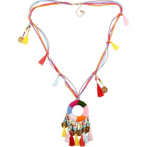 Bib Multi Layers Rope Chain Colorful Bead Chunky Tassel Coin Pendant Necklace for Women Florate Long Bohemian Ethnic Necklace