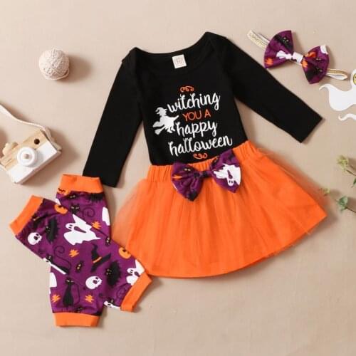 2021New Baby Girl’s Halloween Outfits Suit Letter Printed Romper Gauze Skirt Headband Leg Warmer Babys Sets Halloween Costume