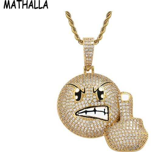 MATHALLA New Angry Expression Vertical Middle Finger CZ Necklace Iced Cubic Zircon Pendant Hiphop Men Copper Gold Plated Jewelry