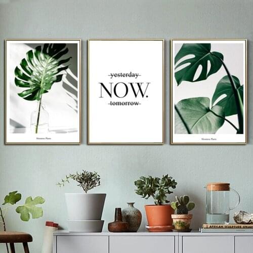 Nordic Style Canvas Print Painting Poster of Green Plant Leaf Monstera and Motto Quote Unframed Wall Picture for Home Decoration