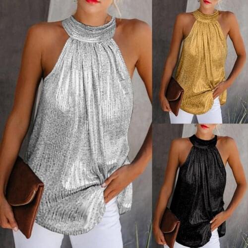 Casual and stylish style Women Solid Color Sleeveless Mock Neck Shiny Halter T-shirt Tank Blouse for cocktail party