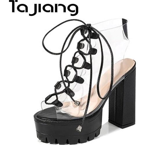 Ta Jiang New Peep Toe Women High Heels Summer PVC Transparent Gladiator Sandals Classic Ladies Dress Thick Heels Shoes Woman