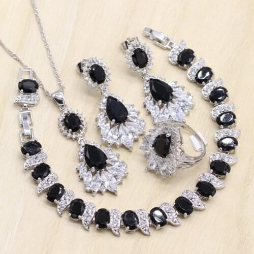 Black Zircon Silver Color Bridal Jewelry Sets Heart Shaped Earrings Rings/Pendant/Necklace/Bracelets For Women Free Gift Box