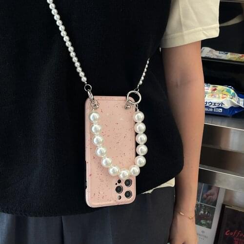 Tobebest Pearl Necklace Bracelet Pink Phone Cases for iphone 12 Pro Max 11 pro max X XS XR 7 8 Plus Chain Wrist Strap Soft Cover
