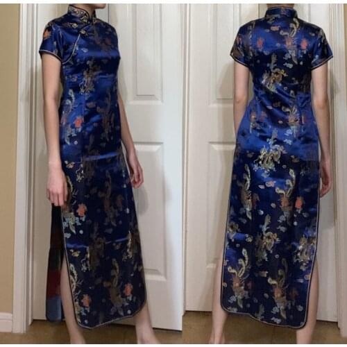 Chinese Cheongsam Traditional Costumes Women Tight Bodycon Dress Floral Print Silk Split Dress Sexy Slim Evening Dresses Elegant