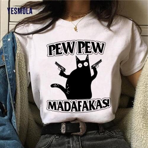 YESMOLA Cat Harajuku Funny Pew Pew Madafaksa Cartoon T Shirt Cute Anime Ullzang T-shirt Grunge Kawaii 90s Fashion Tshirt