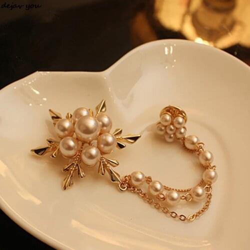 New Imitation Pearl Snowflakes Brooch Long Chain Brooches Pins For Women Party Wedding Jewelry Accessories