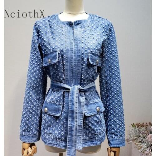 2021 New Vintage Blue Denim Jacket With Belt Waisted Ripped Hole Women Coat Autumn Long Sleeve Pockets Jeans Coat Streetwear
