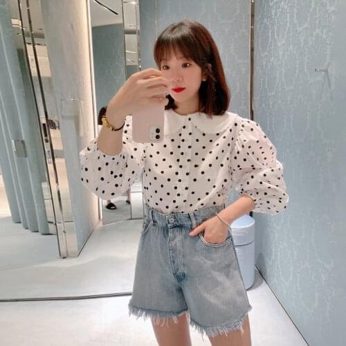 Miu Niche Womens Doll Collar Polka-dot Short-sleeved Shirt Womens Summer Small Short Puff Sleeve Top