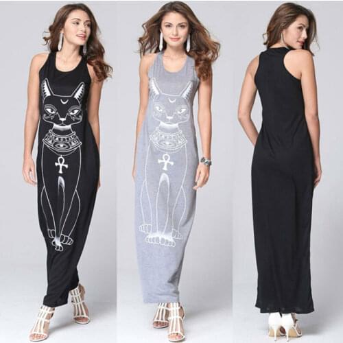 Oversize Women Long Dress Egyptian Cat Print Summer Casual Sleeveless Evening Party Beach Dress Long Dress