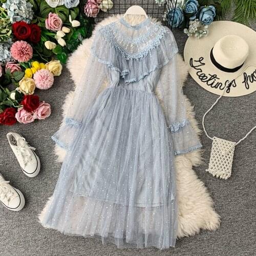 Womens Dress French Dress Fairy Chic Ruffled Sequins Beading Mesh Dress Empire O-Neck Flare Sleeve Mid-Calf Dress ML856