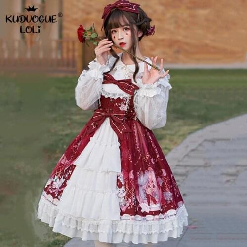 Gothic Victorian Lolita Dress Elegant Vintage Printed Jsk Princess Party Dress Printed Red Cosplay Costume Hydrangea & Kitten
