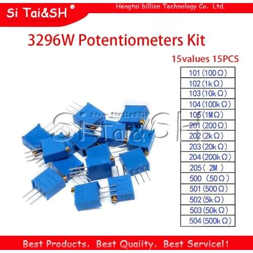 15values 15PCS 3296W Potentiometers Kit 3296W-1-103LF 101 102 103 104 105 201 202 203 204 205 500 501 502 503 504 each 1pcs
