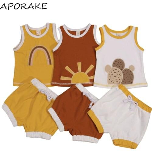 2021 0-24M Casual Newborn Baby Boy Girl Clothes Set Cartoon Cactus/Sun/Rainbow Print Sleeveless Top Vest+Shorts Soft Cotton 2pcs