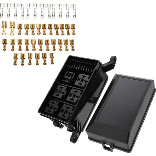6 Relays 6 ATC/ATO Standard Fuses Holder Block 12-Slot Relay Box with 41pcs Metallic Pins Universal for Automobiles Motorcycles