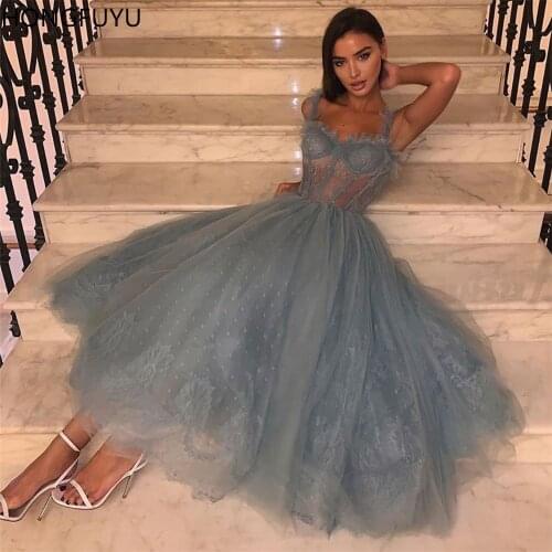 HONGFUYU Grey Evening Dresses Long robe de soiree Formal Evening Dress Sexy A-line Prom Gowns Lace Tulle Party Vestido De Festa