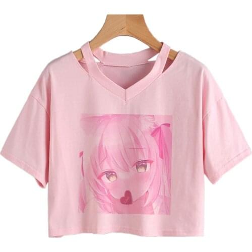 Women Short Sleeve T-Shirts Loose Japanese Anime Girl print Crop tops Hip Hop Gothic Tee Cropped V-neck Simple Pink shirt