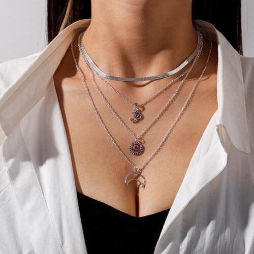 Elegant Red Crystal Sun Necklaces for Women Fashion Hollow Moon 3D Pendant Jewelry Gold Silver Color Multi-Layer Chain Necklace