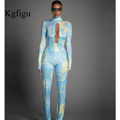 KGFIGU Print Zippers Long Jumpsuits For Women Summer Cute Stretchy Rompers Lady Soft Streetwear Outfits Overalls Good Quality