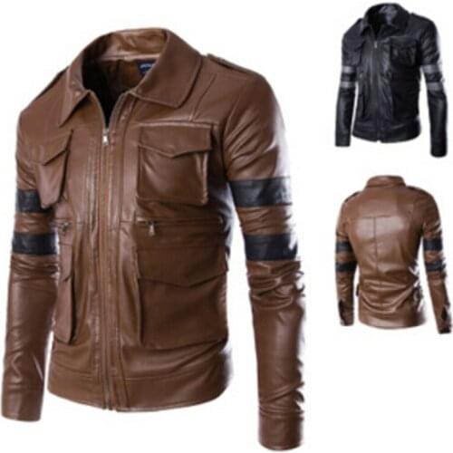 Men short leather fashion handsome collar pocket color male coat