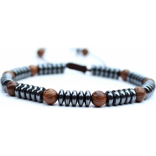 Fashion Handmade Men Bracelet Disc Shape Hematite Stone wood Bracelet Friendship Bracelets Mens Beads Bracelet Jewelry