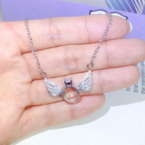 New Fashion Ring Pendant 925 Sterling Silver Feather Movable Necklace Chain for Women Zircon Shiny Choker Short Clavicle Chain