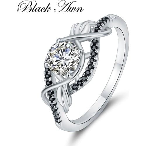 Black Awn 2020 New jTrendy Gram 100% Genuine 925 Sterling Silver Jewelry Black&White Stone Wedding Rings for Women Bijoux C307