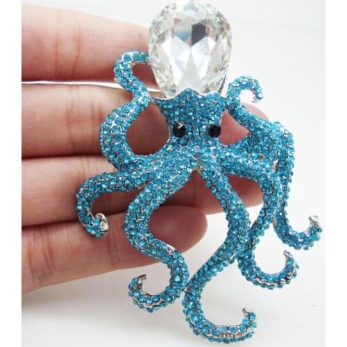 Charming Octopus Pendant Brooch Pins Blue Austria Crystal Animal Jewelry