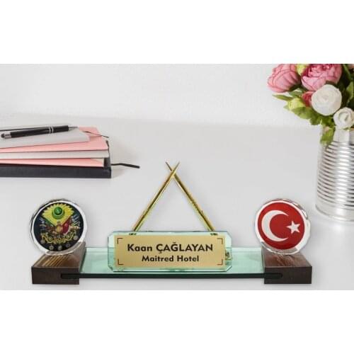 Personalized Turkish Flag and Ottoman Tuğrağlı Clocks Crystal Table İsimliği