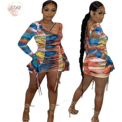Dress Tie Dye Print Flared Long Sleeve Sexy Bodycon Bandage Mini Dresses for Women Sexy Party Hot Sale Wholesale Dropshipping