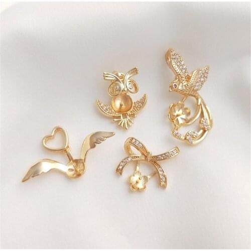 14K Gold Filled Bow-tie Phoenix Owl wing necklace DIY half hole bead inlaid bead holder