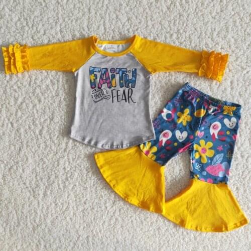 RTS kids clothes fashion icing long sleeve shirt raglan top bell bottom pants floral little baby girls boutique outfits clothing