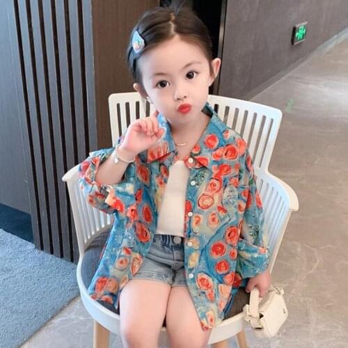 Toddler Girls Sun Protection Clothing Cotton Summer Retro Flower Long Sleeve Shirts Korean Style Fashion Thin Shirt For 1-7Yrs
