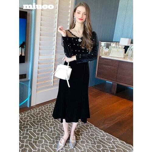 Sexy V Collar stitching net yarn nail bead high waist lotus leaf velvet dress womens new spring High Quality Top Quality