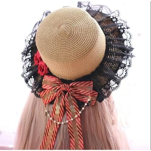 Girl Summer Straw Hats Women Beach Sun Hat Lolita Lace big Bow Ribbon Flat Top hat B1036